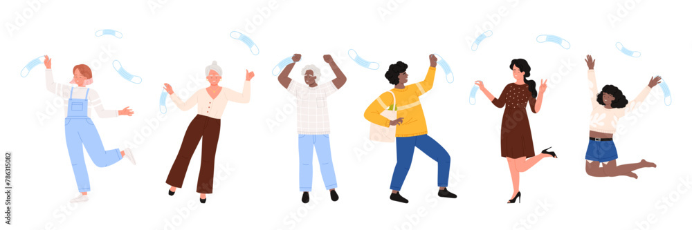 Happy people free from masks set. Young and old, male and female characters celebrate lockdown end and freedom, cheerful man and woman jump and dance throwing masks up cartoon vector illustration Happy people free from masks set. Young and old, male and female characters celebrate lockdown end and freedom, cheerful man and woman jump and dance throwing masks up cartoon vector illustration
