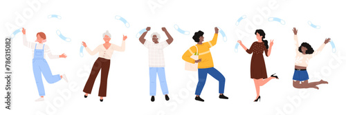 Happy people free from masks set. Young and old, male and female characters celebrate lockdown end and freedom, cheerful man and woman jump and dance throwing masks up cartoon vector illustration