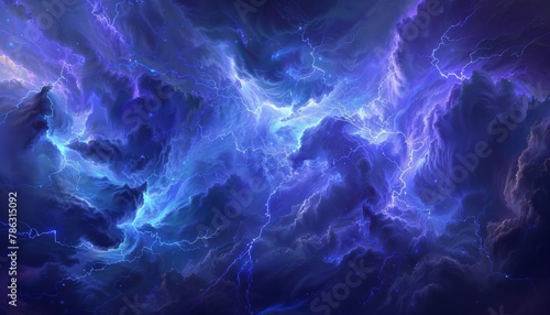 Shades of blue and violet swirl together nebulous cloud  illuminated by crackling lightning bolts