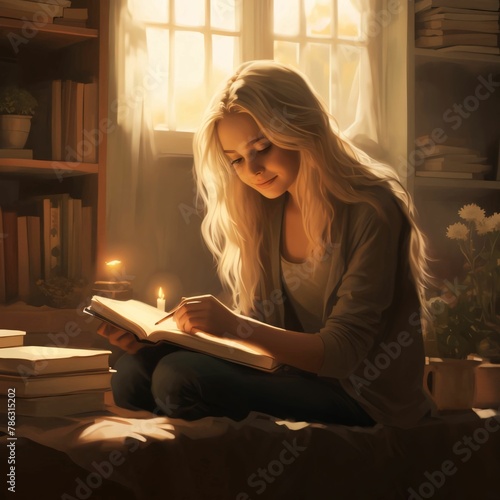 Beautiful young woman reading book while sitting on bed at home.