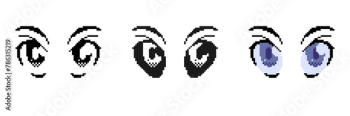 Anime Style Blue Pupil Eyes, Pixel Art Icon Set