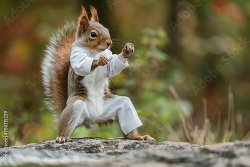 squirrel in a kimono doing karate in the park