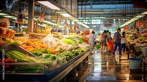 新鮮な野菜が並んだ青果市場の風景