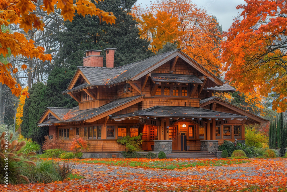 A craftsman style house during autumn, with its warm wooden exteriors contrasting beautifully against the backdrop of trees ablaze with orange and red leaves. A craftsman style house during autumn, with its warm wooden exteriors contrasting beautifully against the backdrop of trees ablaze with orange and red leaves.