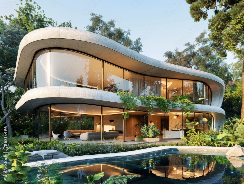 Modern building with a pool surrounded by trees, a perfect leisure spot