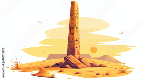 Mysterious runecovered obelisk rising from the desert