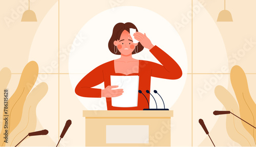 Speaker feeling anxiety, panic and fear when speaking in front of audience. Nervous female speaker standing at podium for public presentation, confused woman at rostrum cartoon vector illustration
