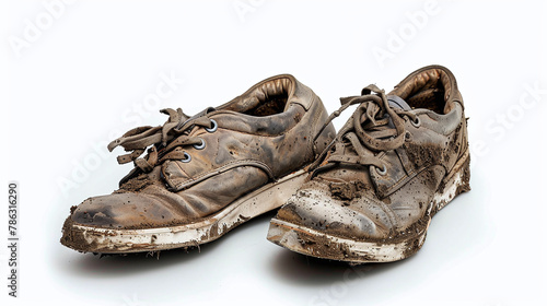 Dirty worn sneakers isolated on white, muddy shoes after outdoor adventure, trekking footwear, active lifestyle