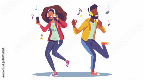 Happy people listen music. Man person with phone