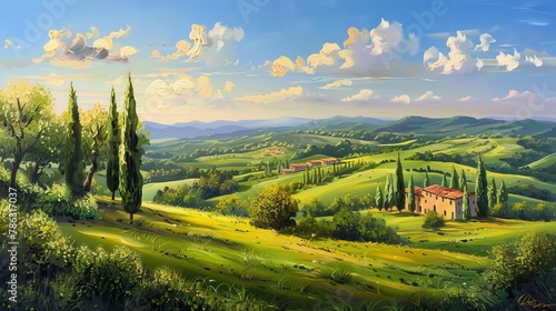 Tranquil Italian countryside painting  featuring rolling hills  lush green grass  and deep blue skies. Pine and cypress trees add a touch of timeless elegance to the serene landscape.