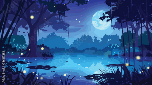 Night jungle forest swamp with firefly background. Fan photo
