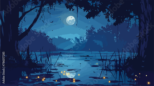 Night jungle forest swamp with firefly background. Fan