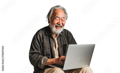Joyful Senior Man with Laptop on Transparent