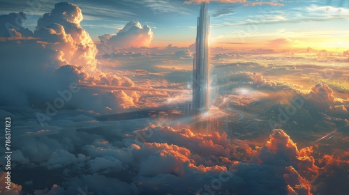 A gravity-defying skyscraper towers above the clouds at sunrise