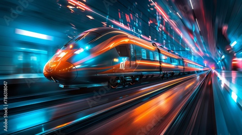 Futuristic high-speed train gliding elegantly through a vibrant, illuminated city © Yusif