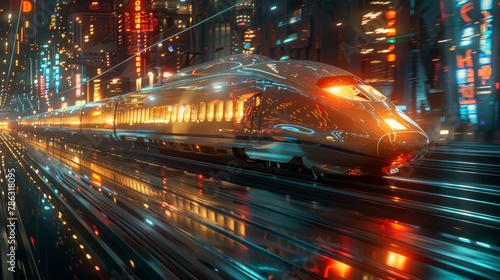 Futuristic high-speed train gliding elegantly through a vibrant  illuminated city