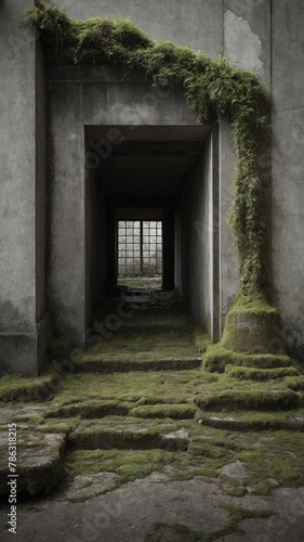 Narrow  moss-covered stone passage leads to small window with iron bars  suggesting old  possibly abandoned structure where nature has begun to reclaim man-made environment  walls weathered.