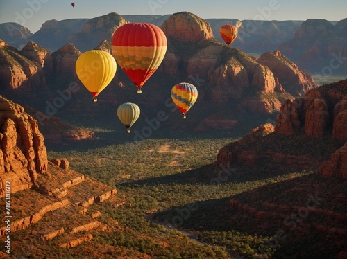 Serene scene unfolds with multiple hot air balloons floating gracefully in sky above breathtaking landscape of red rock formations, greenery. Sunlight casts warm, golden hue over scene. photo