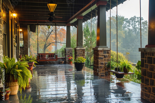 A craftsman style house's front porch during a gentle rain, with a swing and a selection of potted ferns, offering a peaceful retreat.