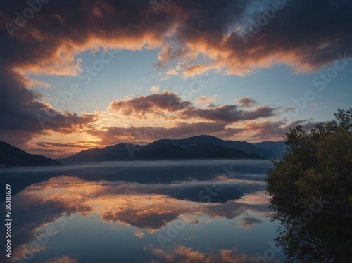 Serene, tranquil scene unfolds as sun sets behind range of majestic mountains, casting ethereal glow that illuminates sky, reflects off calm, mirror-like lake below. Clouds.