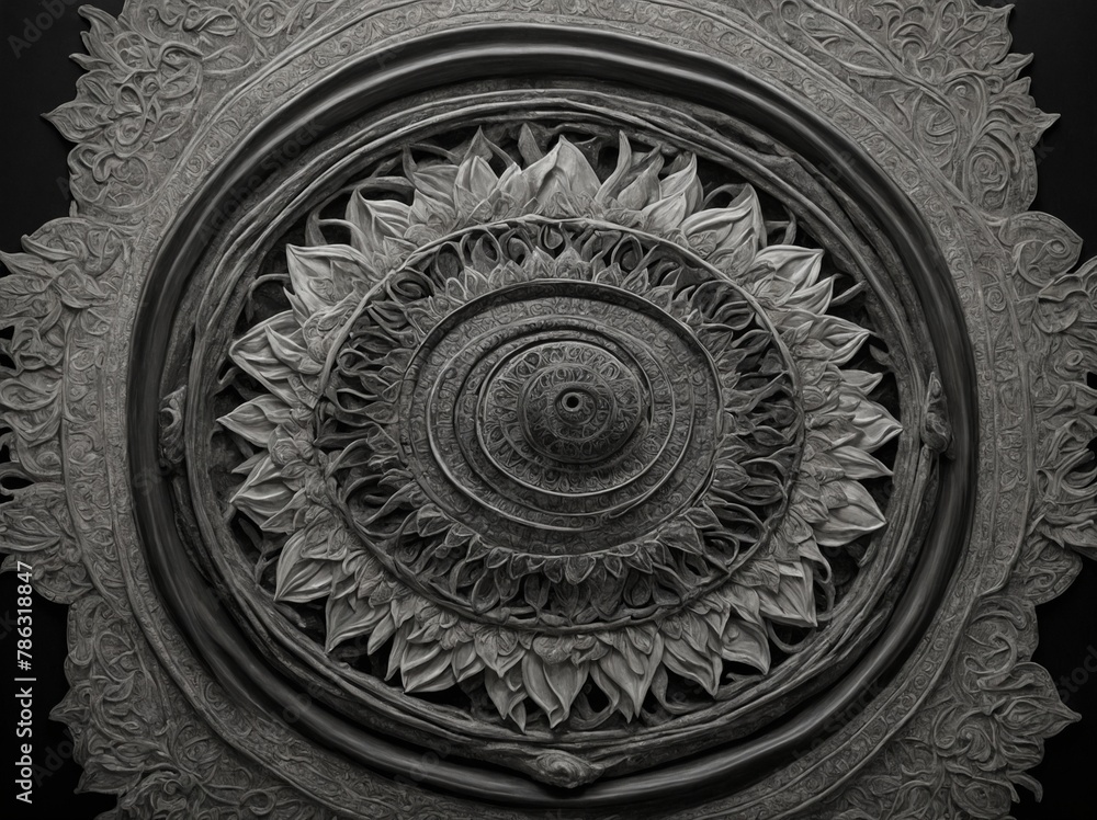 Meticulously carved circular stone relief captures viewers attention. Central motif detailed floral pattern surrounded by concentric circles filled with elaborate carvings that radiate outward.