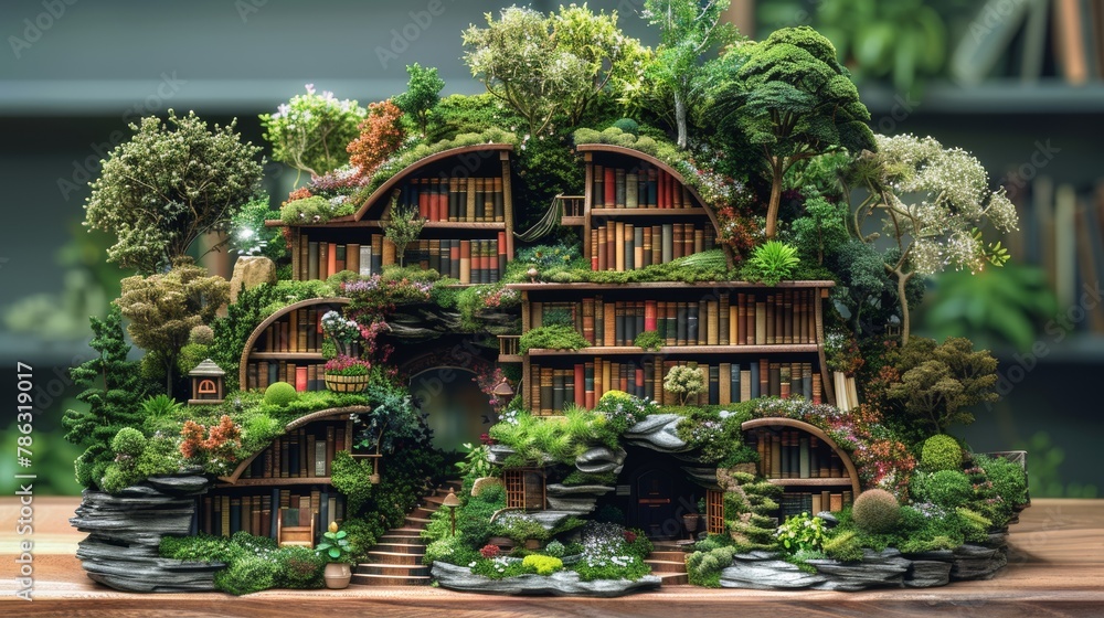 Enchanting miniature landscape nestled among classic bookshelves in a cozy library setting