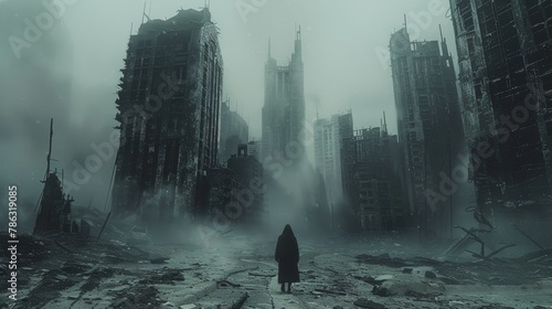 A lone figure walks through a foggy, deserted cityscape with looming skyscrapers photo