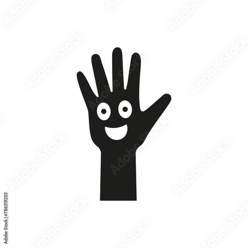 Palm of a hand with a cartoon laughing cheerful smiling face inside. Vector illustration. 
