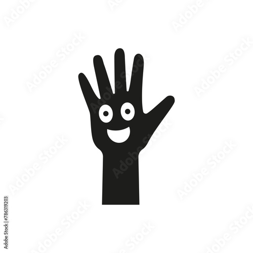 Palm of a hand with a cartoon laughing cheerful smiling face inside. Vector illustration.

