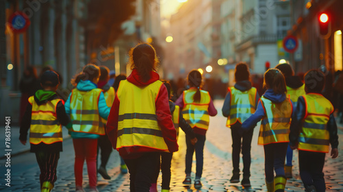children in reflective vests walk along a city street with a teacher, excursion, kindergarten, primary school, kids, walk, family, friends, road, safety, clothing, woman, child