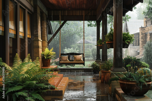 A craftsman style house's front porch during a gentle rain, with a swing and a selection of potted ferns, offering a peaceful retreat.