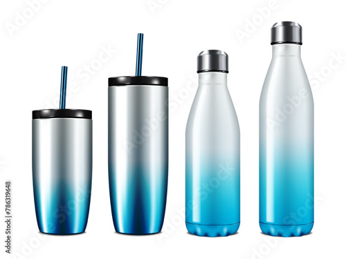 Reusable insulated stainless steel tumbler cup with metal drinking straw and water bottle sport flask. Realistic vector mock-up set