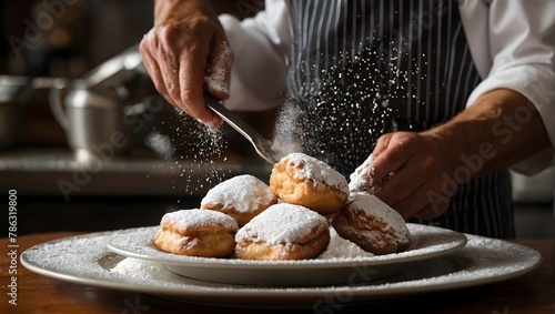 A closeup image of a chef sprinkling powdered sugar over a plate of beignets The beignets are golden brown and look delicious. generative AI