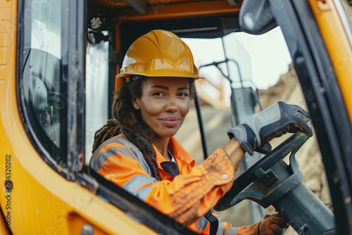 Portrait of smiling female road worker operating excavator photo