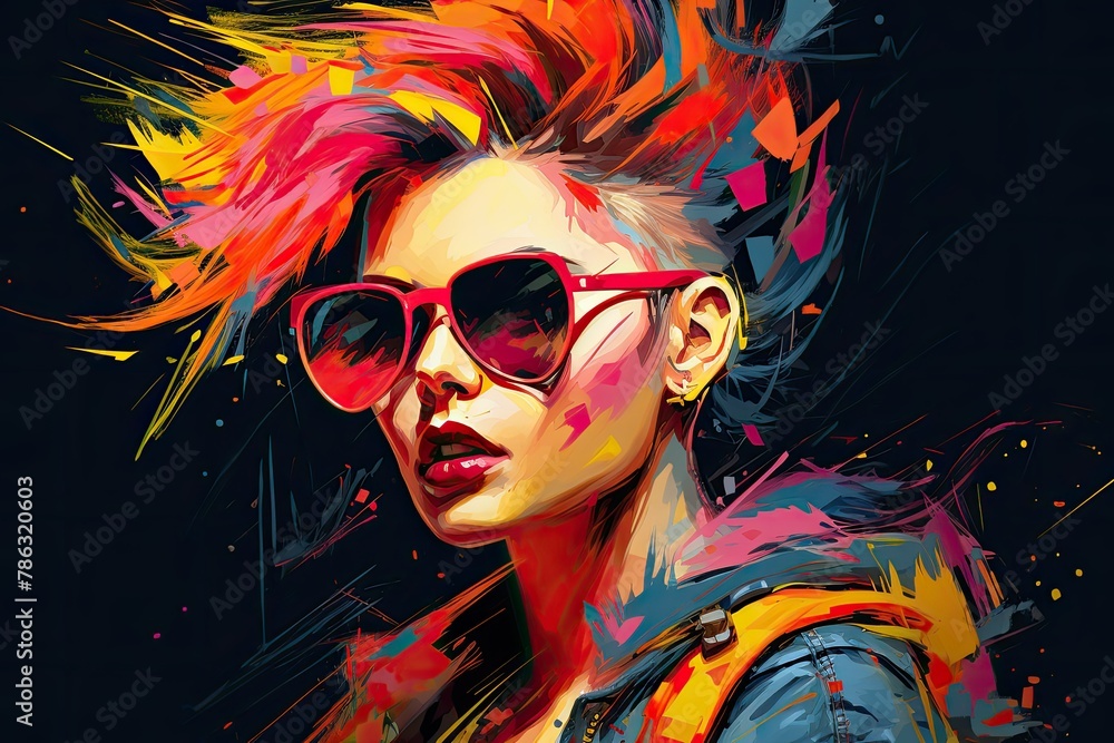 A painting depicting a woman with vibrant pink hair and sunglasses. Generative AI