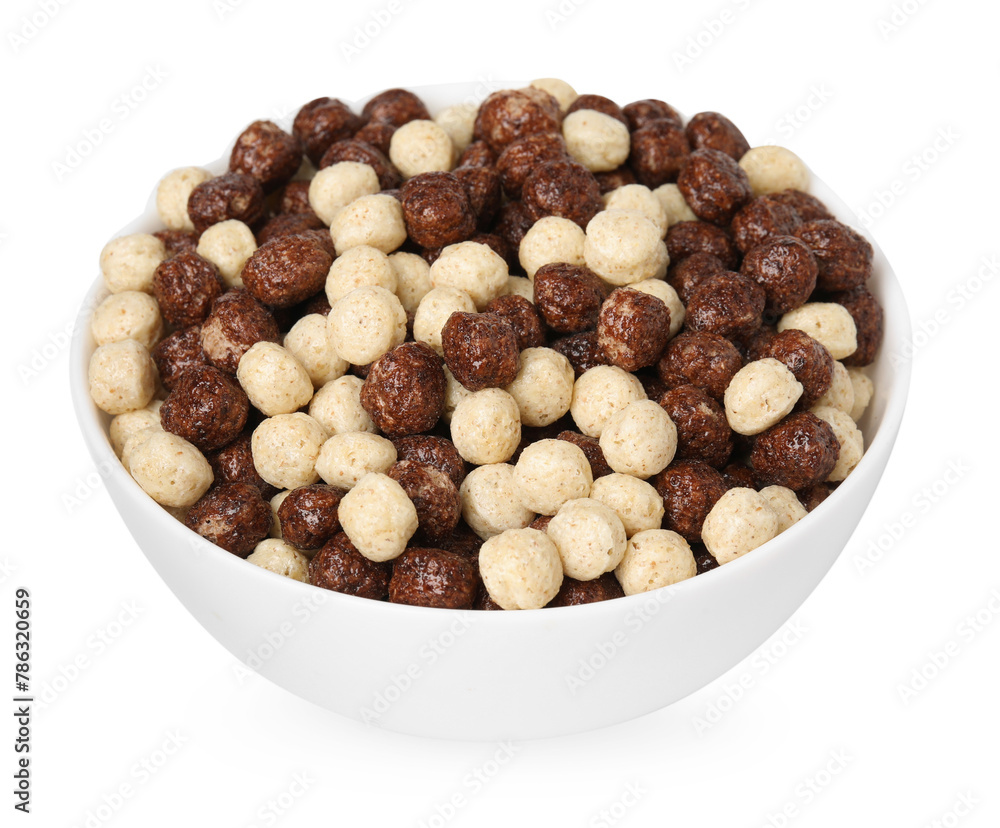 Tasty sweet cereal balls in bowl isolated on white Tasty sweet cereal balls in bowl isolated on white