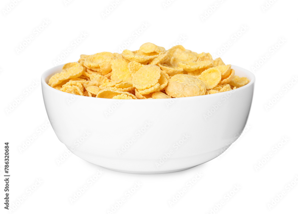 Breakfast cereal. Tasty corn flakes in bowl isolated on white Breakfast cereal. Tasty corn flakes in bowl isolated on white
