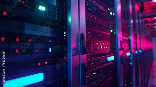 Close-up of Servers in Vibrant Data Center