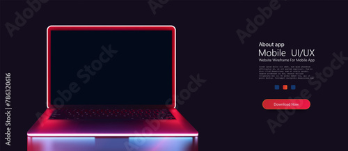 Neon Glow Laptop Concept on Dark Background. Sleek laptop with a glowing neon outline and underglow, set against a dark backdrop, depicting modern technology. Vectro illustration
