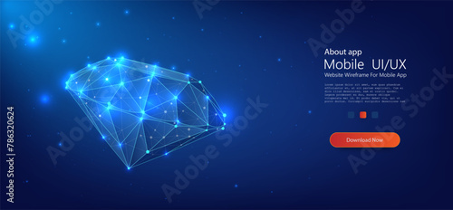 Glowing Polygonal Diamond on Dark Blue Background. A digitally rendered diamond with a network of interconnected points, illustrating concepts of complexity and connection. Vector illustration