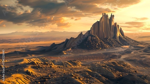 Majestic mountain peak rising above vast desert plains at sunset. Epic landscape captured in golden light. Ideal for fantasy backgrounds. AI