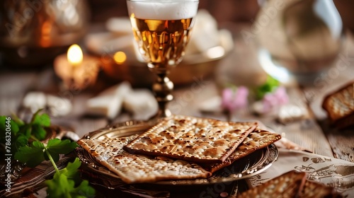 Jewish Passover matzah with wine and matzah bread photo