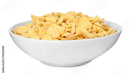 Breakfast cereal. Tasty corn flakes in bowl isolated on white