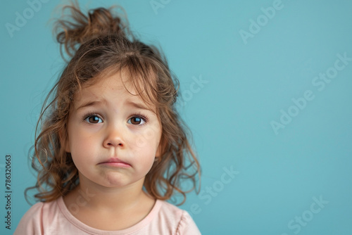 Portrait of sad offended crying little girl child on flat blue color background with copy space, banner template. A sad child makes a grimace photo