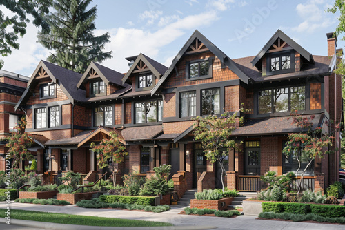 A Craftsman townhome with a unique fa? section ade featuring brick and wood elements, bay windows, and a landscaped front terrace, fitting into an urban renewal setting.