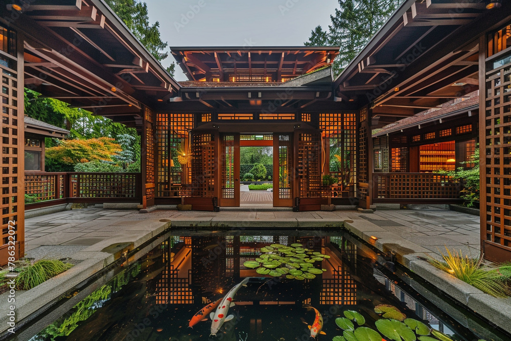 Fototapeta premium A Craftsman villa with an atrium-like entrance, intricate wooden lattice work, and a serene koi pond, reflecting a fusion of Eastern and Western architectural elements.