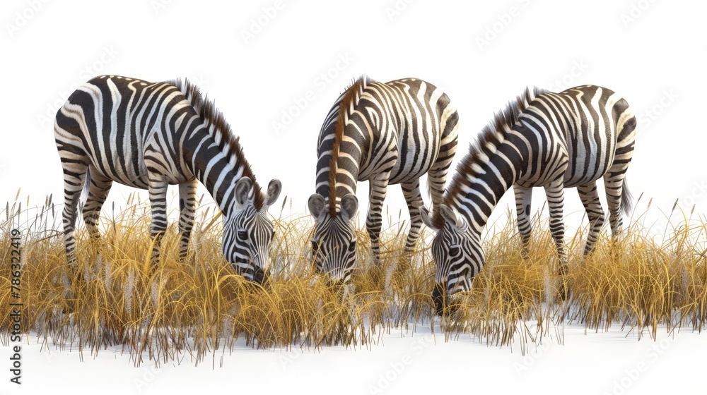Fototapeta premium Three zebras are grazing in a field of tall grass