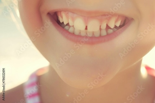 Happy young girl with beautiful smile brushing teeth with toothbrush in close up view