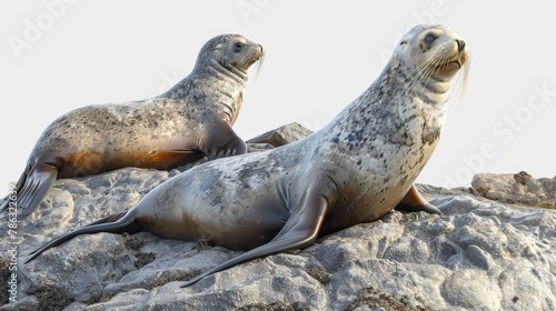 Two seals are laying on a rock