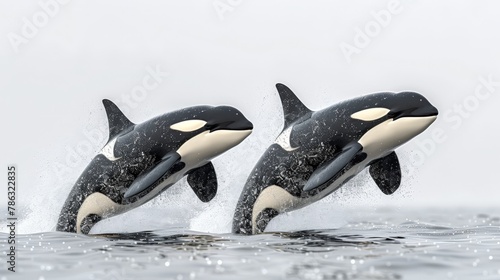 Two orcas are leaping out of the water